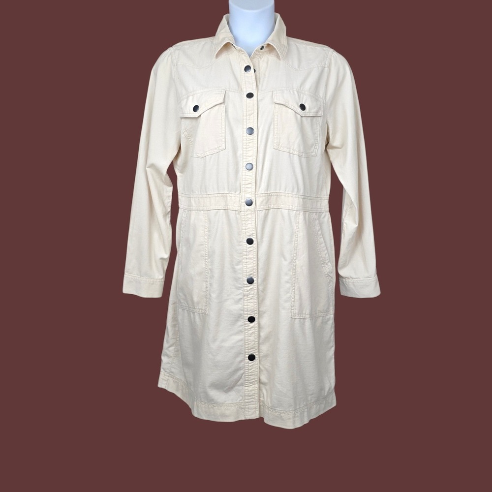 Loft Womens Long Sleeve Light Beige Corduroy Snap Front Shirt Dress Size 14 NWT
